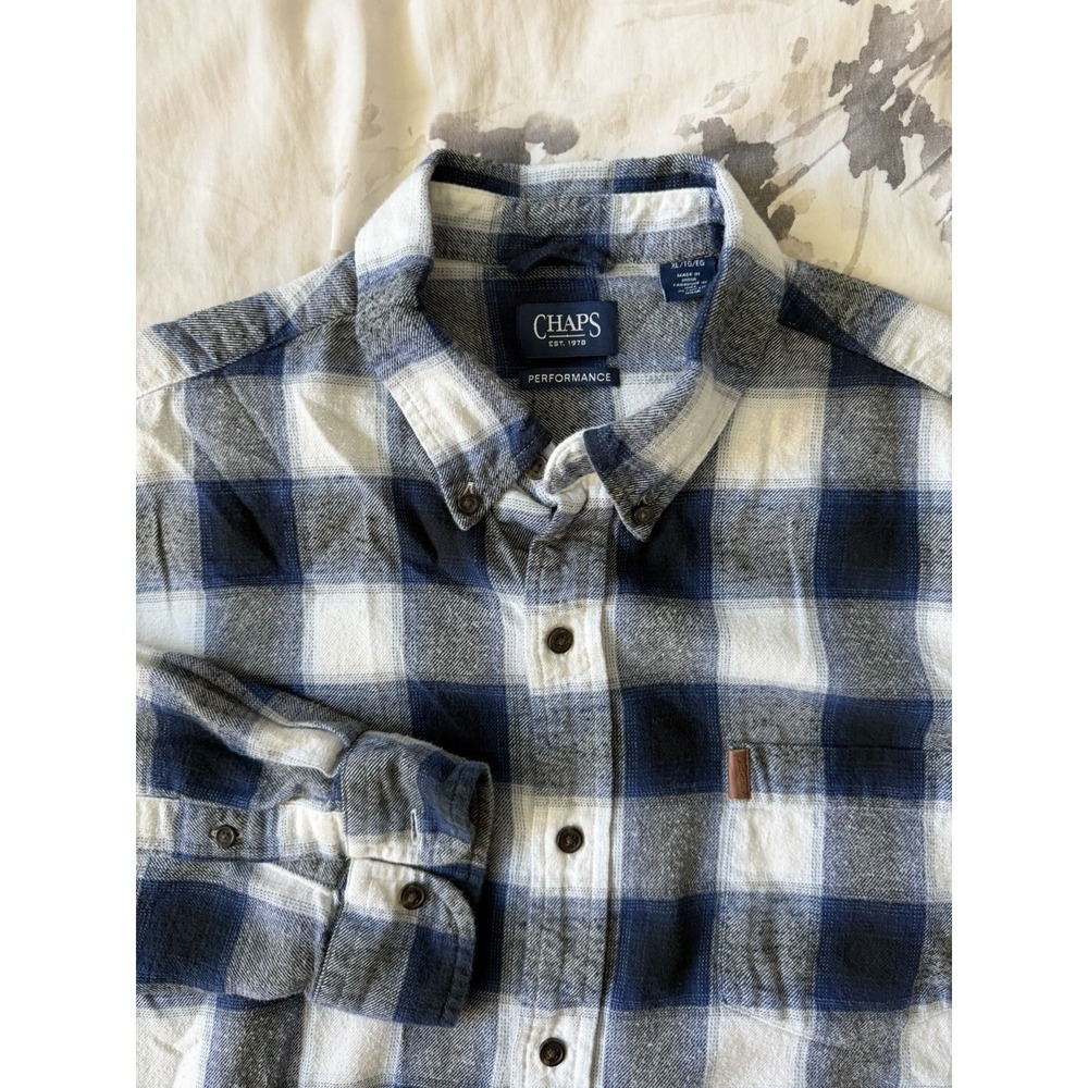Chaps Performance Flannel Casual Long Sleeve Shirt Blue Plaid Check Workwear